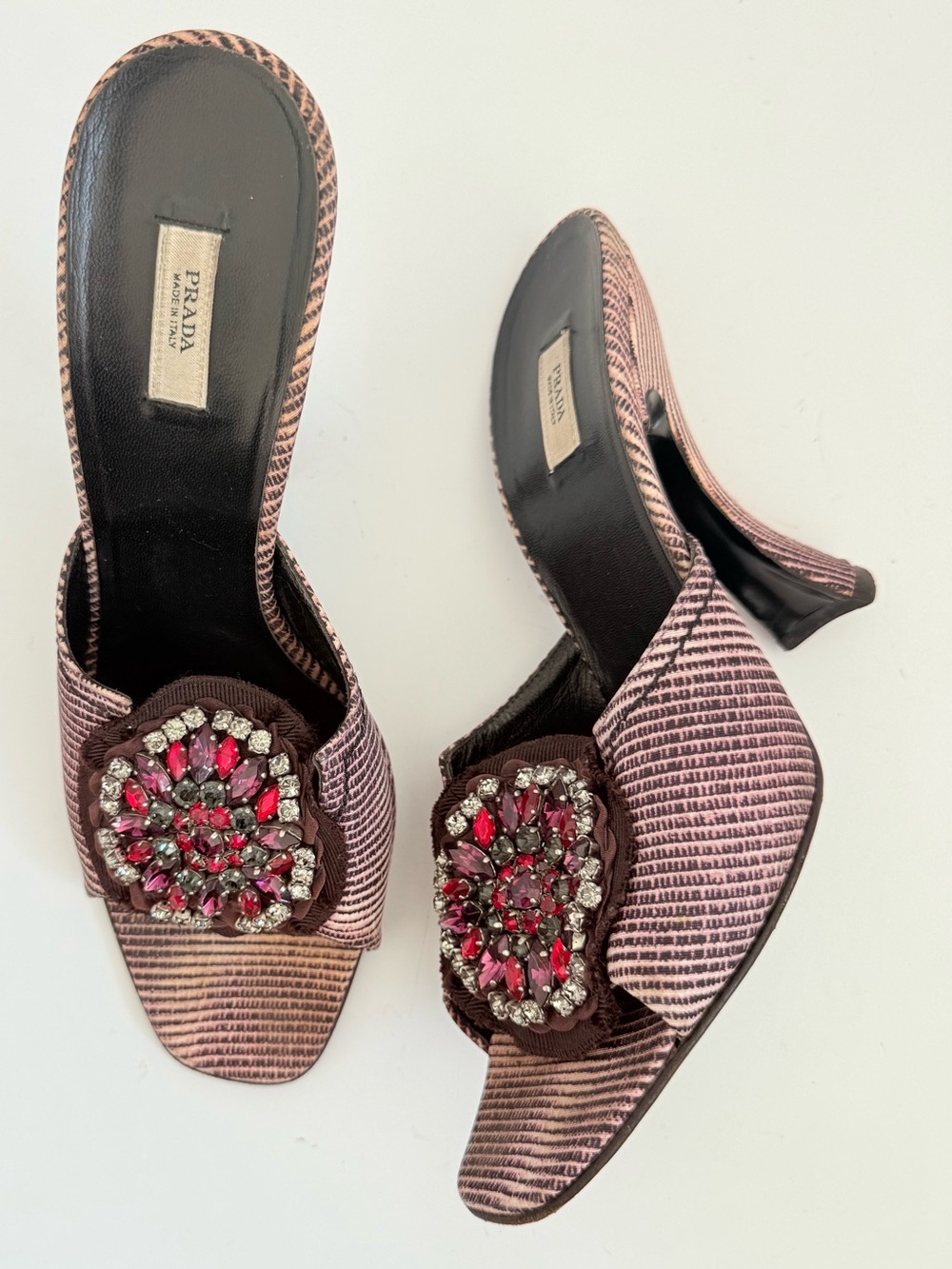 Prada Fall 2004 runway Crystal Brooch Pink Stripe Mule Heels Size 39 Vintage